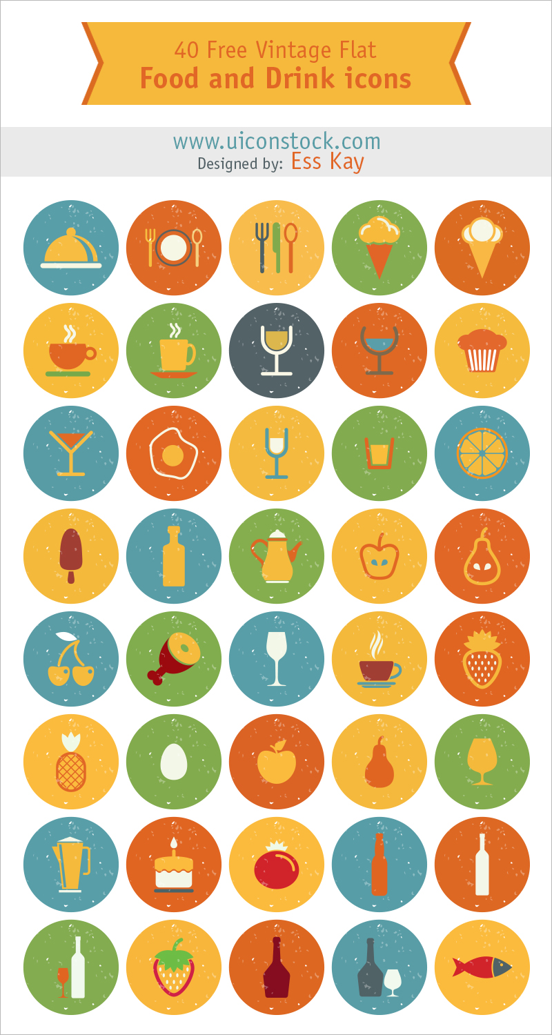40 Vintage Flat Food and Drinks Icons