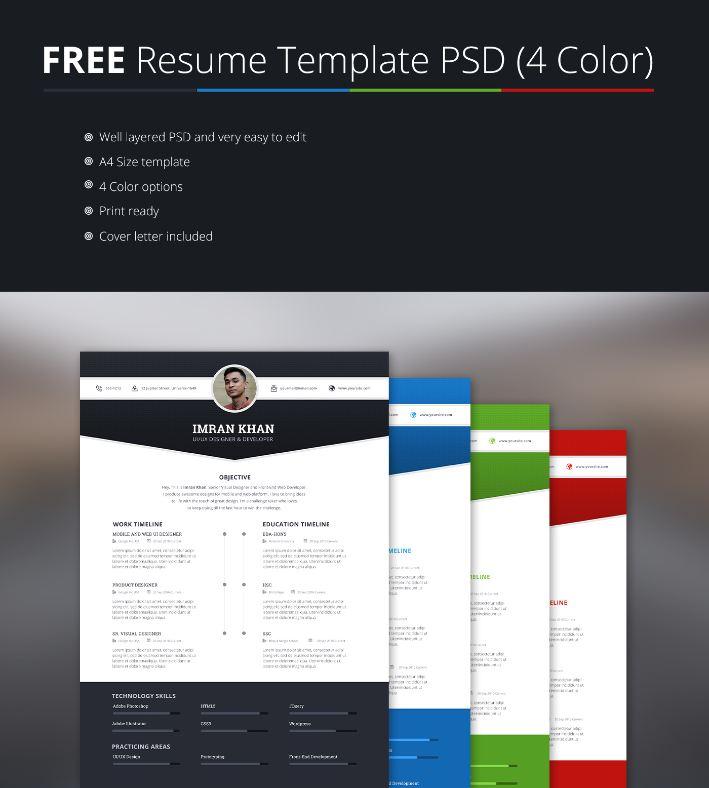 Free Psd Resume Template in Four Colors