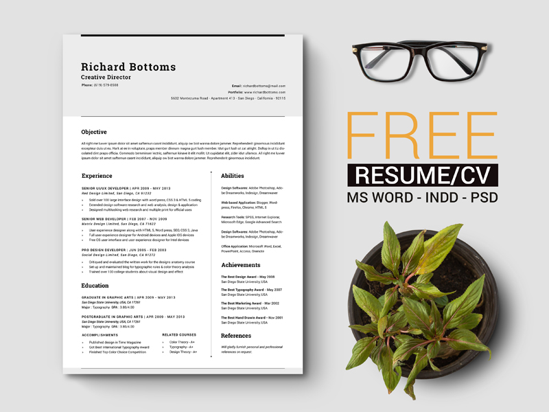 Free Simple Resume Template with Cover Letter For Creative Director, Marketing & I.T Professionals