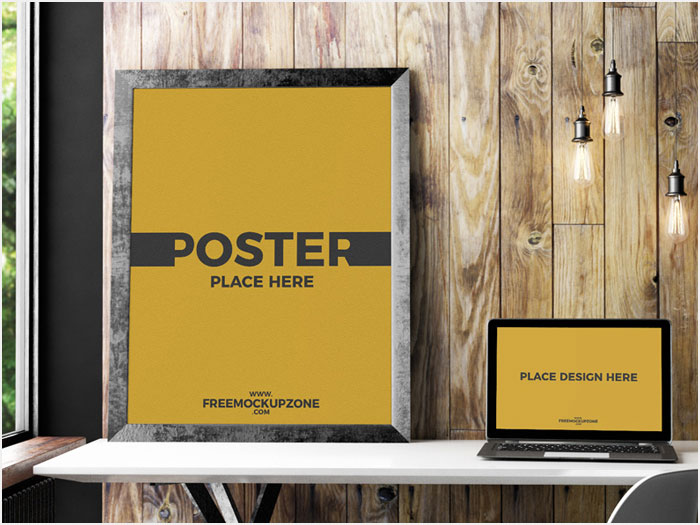 Free-Laptop-With-Poster-Frame-Mockup