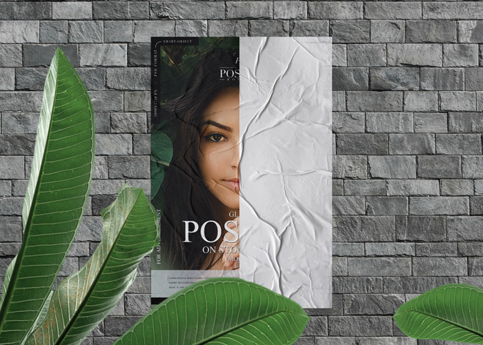 Free-Glued-Poster-on-Stone-Wall-Mockup